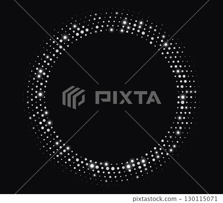 Silver halftone frame, glowing circle borders, round pattern with dots, radial disco luxury design element. Silver halftone frame, glowing circle borders, round pattern with dots, radial disco luxury design element. 130115071