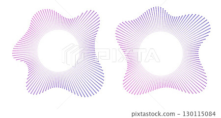 Sound equalizer icons with lines and dots, gradient neon circular sound wave frames, abstract radial music icons. 130115084