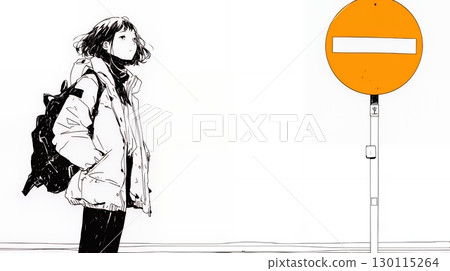 Negative situations such as sold out, impossible, or opposed: represented by a no entry sign and an expressionless woman 130115264