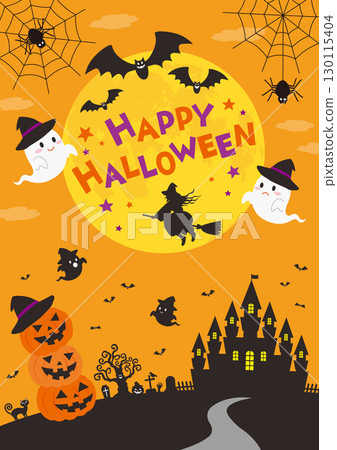 萬聖節城堡和鬼魂聚集在橙色天空的肖像插圖 130115404