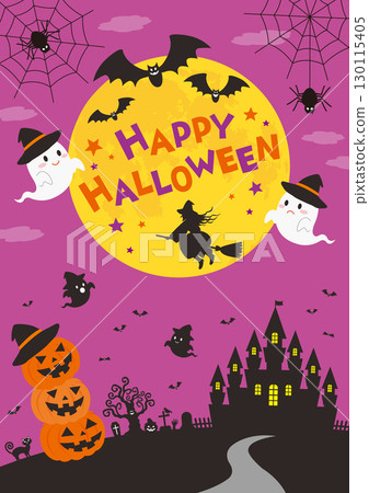 A portrait illustration of a purple Halloween sky with a castle and ghosts 130115405