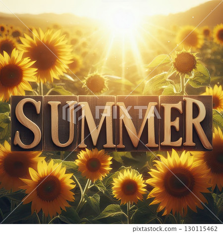 Vibrant SUMMER Typography in Vibrant Sunflower Field with Hibiscus Flowers and Ocean Waves with Generative AI. 130115462