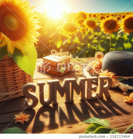Vibrant SUMMER Typography in Vibrant Sunflower Field with Hibiscus Flowers and Ocean Waves with Generative AI. 130115464