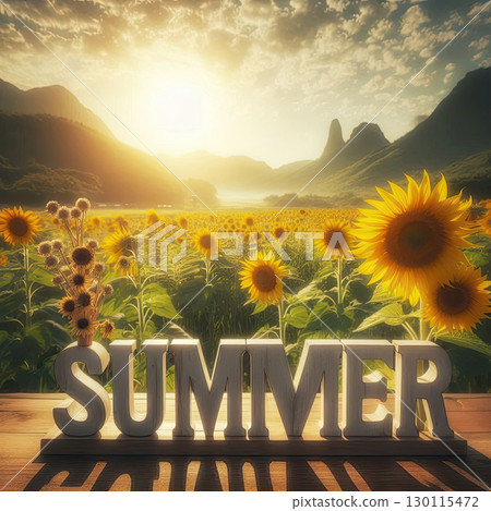 Vibrant SUMMER Typography in Vibrant Sunflower Field with Hibiscus Flowers and Ocean Waves with Generative AI. 130115472