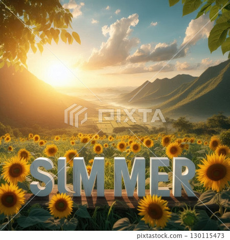Vibrant SUMMER Typography in Vibrant Sunflower Field with Hibiscus Flowers and Ocean Waves with Generative AI. 130115473