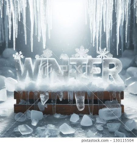 Frozen Winter Landscape with Ice Text and Snowflakes with Generative AI. 130115504