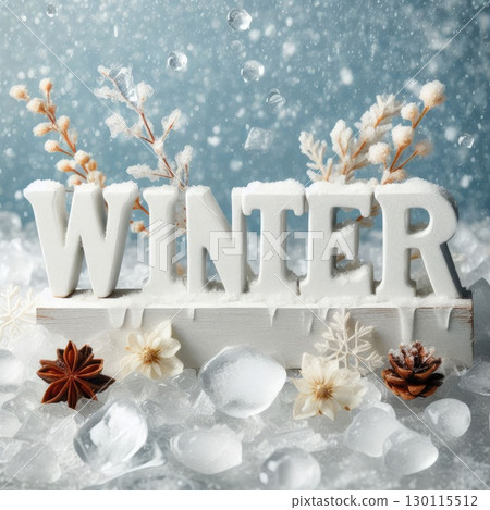 Frozen Winter Landscape with Ice Text and Snowflakes with Generative AI. 130115512