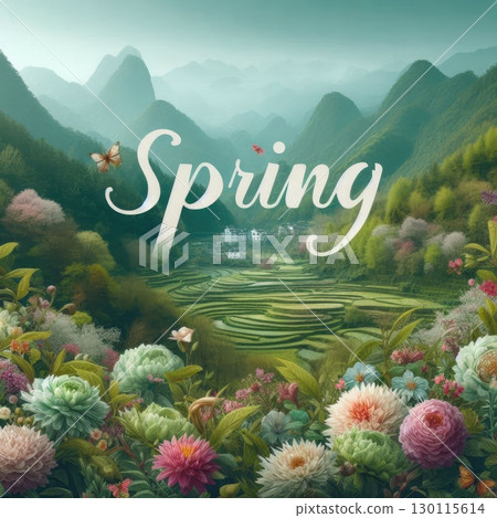 Vibrant Spring Typography in Floral Nature-Inspired 3D Lettering with Generative AI. 130115614