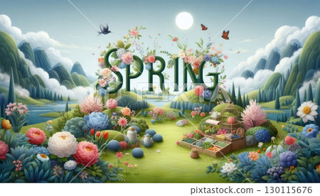 Vibrant Spring Typography in Floral Nature-Inspired 3D Lettering with Generative AI. 130115676