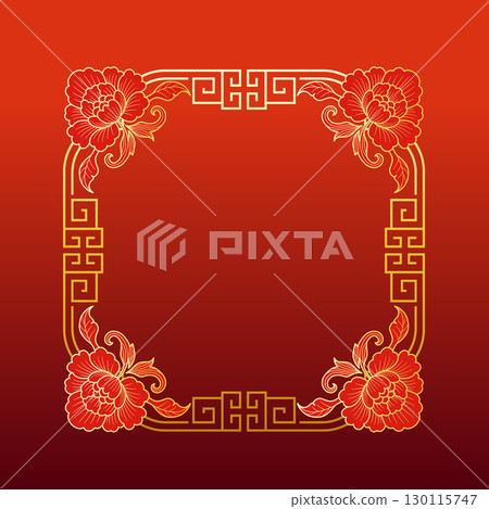 Circular frame with red and gold peonies 130115747