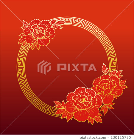 Circular frame with red and gold peonies 130115750