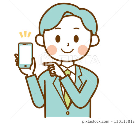 Illustration of a man in a suit pointing at a smartphone 130115812