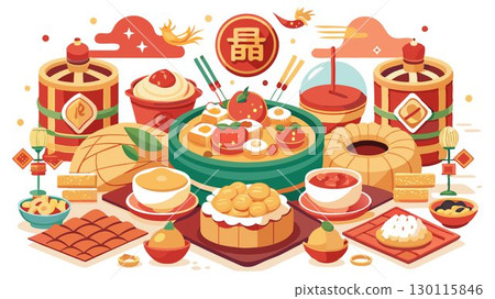 A detailed close-up of the Chinese New Year feast spread reveals the intricate details and textures of various traditional dishes, creating a high-quality image suitable for travel brochures, Chinese A detailed close-up of the Chinese New Year feast spread reveals the intricate details and textures of various traditional dishes, creating a high-quality image suitable for travel brochures, Chinese 130115846