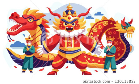 A detailed view of the dragon dance reveals the intricate details of the dragon costume, the athleticism and coordination of the dancers, and the enthusiastic participation of the surrounding crowd, A detailed view of the dragon dance reveals the intricate details of the dragon costume, the athleticism and coordination of the dancers, and the enthusiastic participation of the surrounding crowd, 130115852