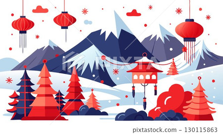 The tranquility of a snowy mountain vista is unexpectedly enlivened by the vibrant colors of red lanterns and firecrackers hung from pine trees, creating a magical winter scene where festive decorati 130115863