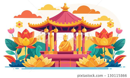 The tranquil beauty of a traditional Chinese gazebo is amplified by the vibrant colors of surrounding lotus flowers and the radiant glow of golden statues, creating a serene and celebratory scene for 130115866
