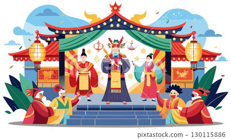 The rich cultural heritage of China is brought to life through a mesmerizing performance of traditional Chinese opera on a brightly lit outdoor stage, enchanting the audience with its dramatic storyt 130115886