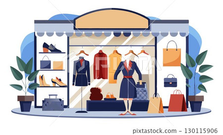 A luxury boutique fashion store concept offering high-end designer clothing, exclusive accessories, and personalized styling services, creating a sophisticated and luxurious shopping experience for a A luxury boutique fashion store concept offering high-end designer clothing, exclusive accessories, and personalized styling services, creating a sophisticated and luxurious shopping experience for a 130115906