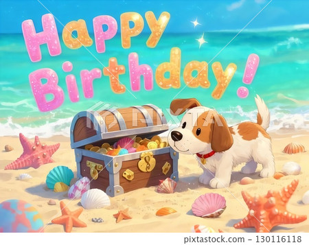 一張可愛的生日卡,上面畫著一隻狗在海灘上尋寶的場景(AI 生成) 一張可愛的生日卡,上面畫著一隻狗在海灘上尋寶的場景(AI 生成) 130116118