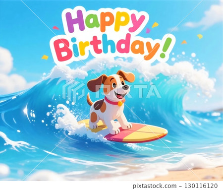 AI 生成的逼真生日快樂插畫,一隻活潑的狗狗在海浪上馳騁 AI 生成的逼真生日快樂插畫,一隻活潑的狗狗在海浪上馳騁 130116120