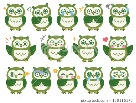 貓頭鷹各種臉部表情插圖集03(綠色) 貓頭鷹各種臉部表情插圖集03(綠色) 130116173
