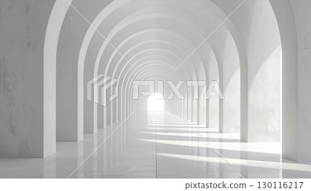 Architectural perspective of an ancient stone cloister with arches and columns, bathed in light Architectural perspective of an ancient stone cloister with arches and columns, bathed in light 130116217