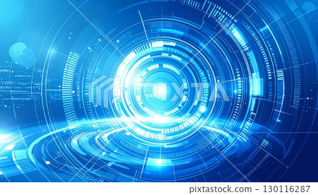Futuristic digital technology pattern with a light blue circle design on a dark background 130116287
