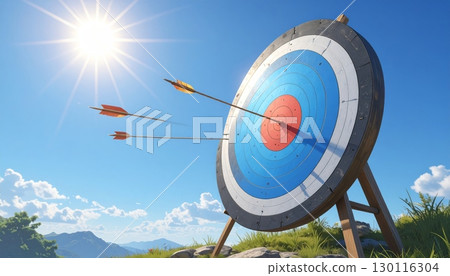 Archery target with an arrow hitting the bullseye, a symbol of successful business goals and aspirations 130116304