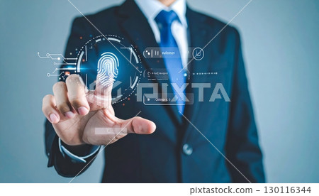 Businessman presses a digital screen button to select a future global success 130116344