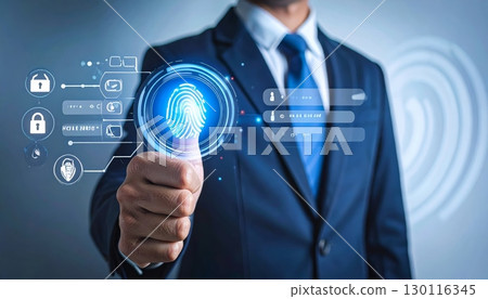 Businessman presses a digital screen button to select a future global success 130116345