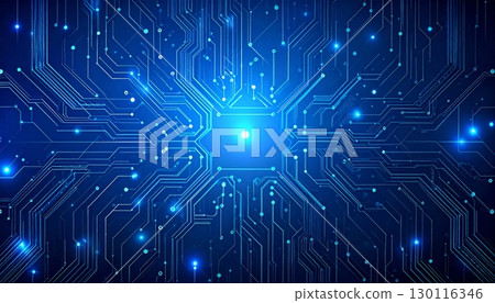 An integrated circuit board pattern with blue lines, a technological and digital background, representing the core of modern electronics 130116346