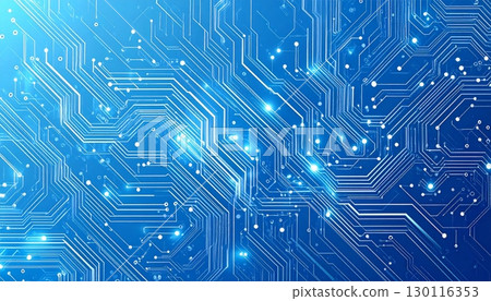 An integrated circuit board pattern with blue lines, a technological and digital background, representing the core of modern electronics 130116353