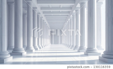 A classical Roman colonnade of marble columns lines a corridor in a city, a structure of ancient design 130116359
