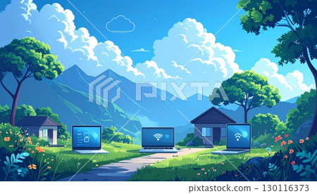 Vector cartoon illustration of a cute house on a cloud in the sky Vector cartoon illustration of a cute house on a cloud in the sky 130116373