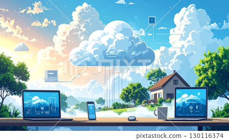 Vector cartoon illustration of a cute house on a cloud in the sky Vector cartoon illustration of a cute house on a cloud in the sky 130116374