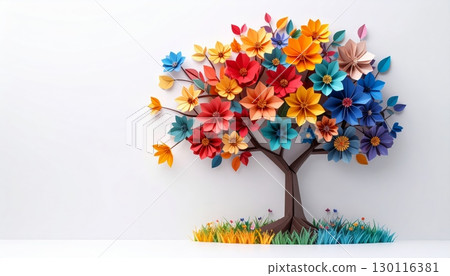 Blooming tree branches adorned with vibrant pink and yellow flowers attract delicate butterflies in a beautiful spring garden Blooming tree branches adorned with vibrant pink and yellow flowers attract delicate butterflies in a beautiful spring garden 130116381