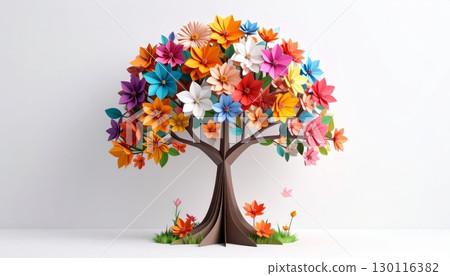 Blooming tree branches adorned with vibrant pink and yellow flowers attract delicate butterflies in a beautiful spring garden Blooming tree branches adorned with vibrant pink and yellow flowers attract delicate butterflies in a beautiful spring garden 130116382