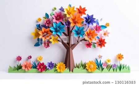 Blooming tree branches adorned with vibrant pink and yellow flowers attract delicate butterflies in a beautiful spring garden Blooming tree branches adorned with vibrant pink and yellow flowers attract delicate butterflies in a beautiful spring garden 130116383