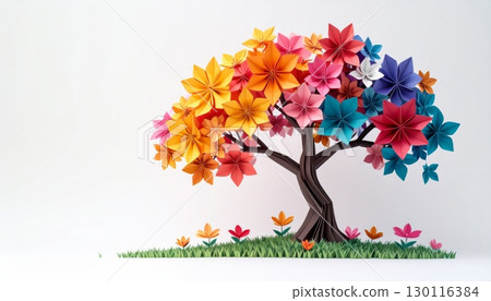 Blooming tree branches adorned with vibrant pink and yellow flowers attract delicate butterflies in a beautiful spring garden Blooming tree branches adorned with vibrant pink and yellow flowers attract delicate butterflies in a beautiful spring garden 130116384