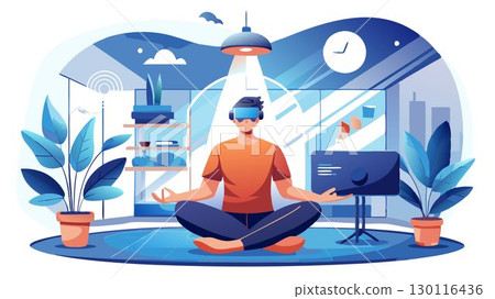 A technology-enabled meditation studio concept incorporating virtual reality meditation experiences, guided meditation apps, and biofeedback technology, providing clients with convenient access to me 130116436