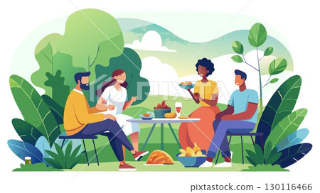 Friends share laughter, conversation, and delicious food as they enjoy a relaxed barbecue in a lush green garden, the vibrant greenery and warm summer sun creating a picturesque and memorable scene o 130116466