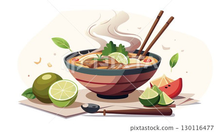 Fresh herbs and a vibrant slice of lime add pops of color and freshness to a steaming bowl of pho, its fragrant broth and tender noodles creating a mouthwatering image that evokes the delicious flavo 130116477