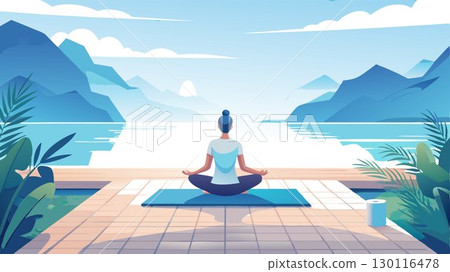 A yogi finds serenity and balance during a mindful yoga practice on a spacious wooden deck overlooking the ocean, the breathtaking view and calming sounds of the waves creating a rejuvenating and ins 130116478