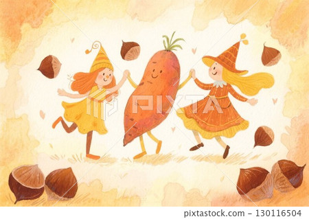 Illustration material: Dance with autumn fairies, sweet potatoes, chestnuts 130116504