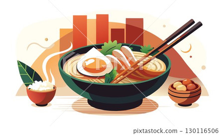 A minimalist backdrop perfectly complements the delicious complexity of a ramen bowl, its rich broth and artfully arranged toppings tender chashu, vibrant scallions 130116506