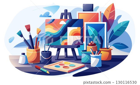 A collection of art supplies vibrant paints, an array of brushes, and a partially painted canvas are artfully arranged in an artist's workspace, creating a visually rich and inspiring image 130116530