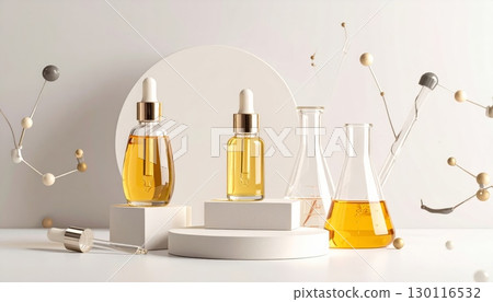 Glass bottles of golden olive oil and amber vinegar, isolated on a white background, evoke a sense of healthy cooking and luxury aromatherapy Glass bottles of golden olive oil and amber vinegar, isolated on a white background, evoke a sense of healthy cooking and luxury aromatherapy 130116532