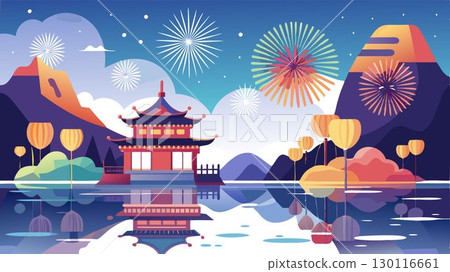 The peaceful tranquility of a calm lake is dramatically disrupted and enhanced by the brilliant spectacle of a traditional Chinese fireworks display reflected on its surface 130116661