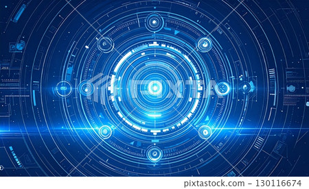 Blue digital glowing circles on a hi-tech abstract technology background with a binary code pattern 130116674