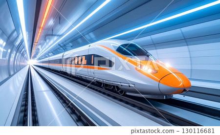 High-speed passenger train blurs on city tracks, a fast-moving vehicle of modern public transportation High-speed passenger train blurs on city tracks, a fast-moving vehicle of modern public transportation 130116681